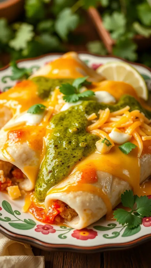 Plate of chicken enchiladas topped with green sauce and cheese, garnished with cilantro.