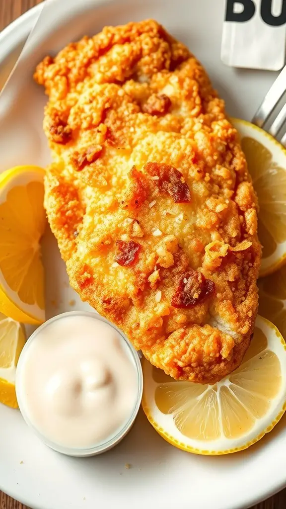 A plate of fried catfish served with tartar sauce and lemon wedges.
