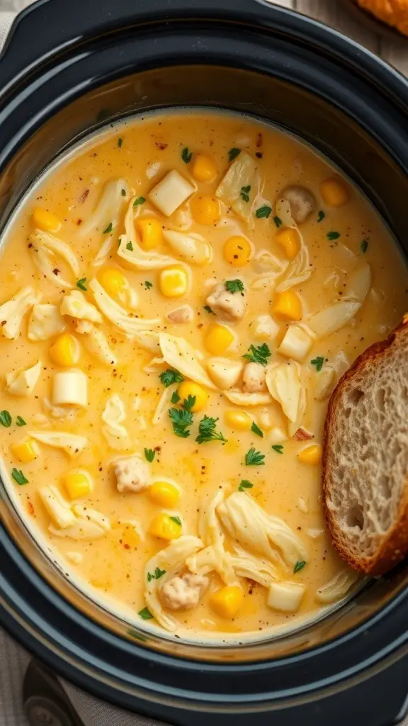A bowl of creamy cabbage and corn chowder with a slice of bread on the side.