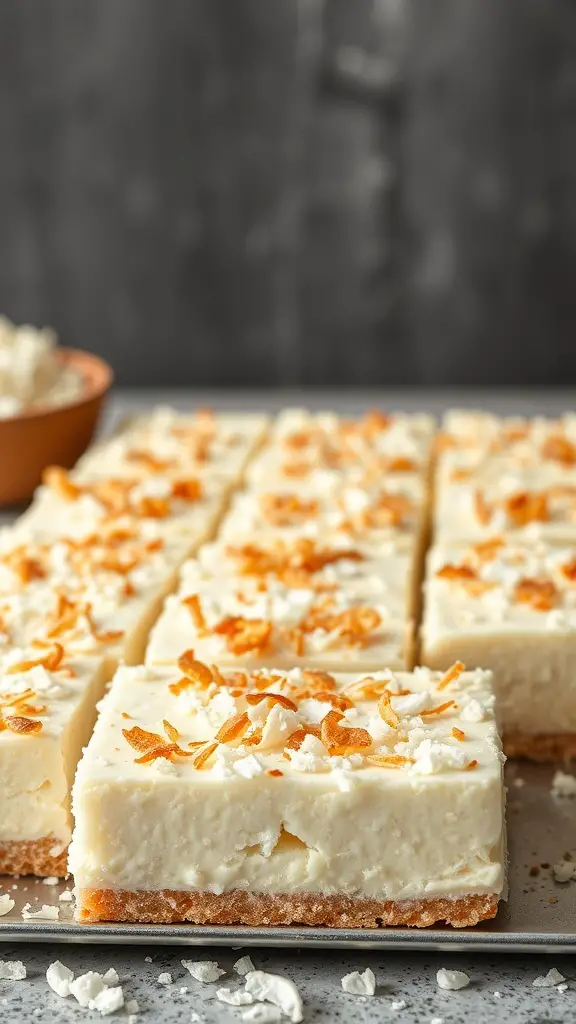 Coconut cream bars with toasted coconut flakes on top, displayed on a baking sheet.