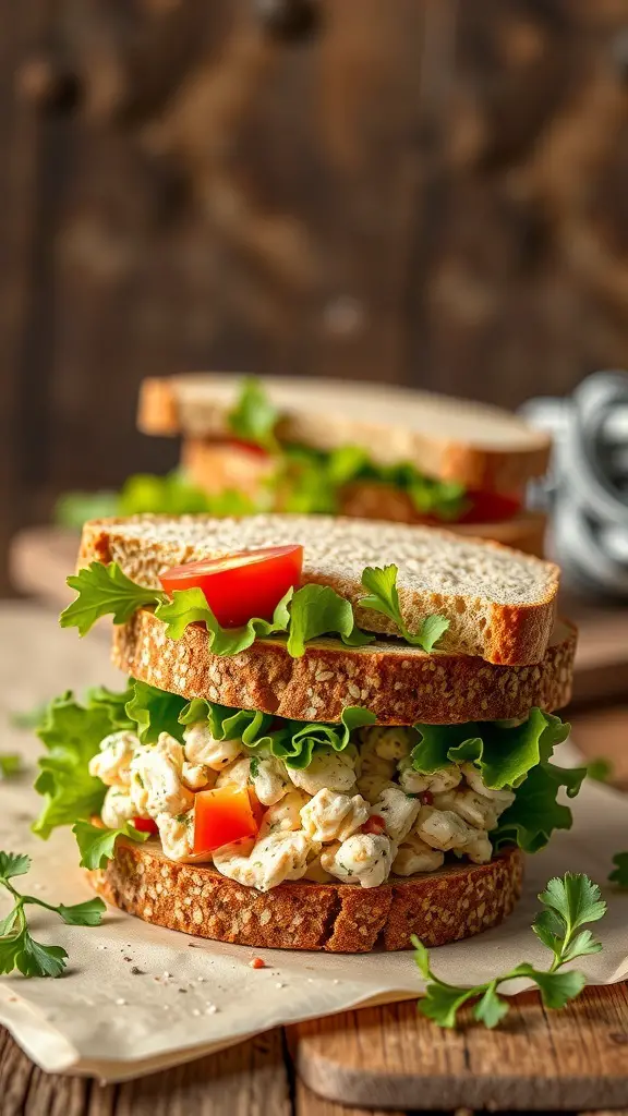 A close-up of zesty chicken salad sandwiches with lettuce and tomatoes on whole grain bread.