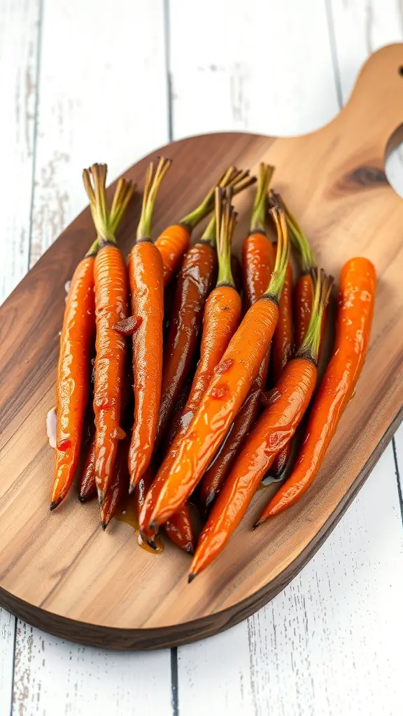 A wooden platter with bourbon glazed carrots, showcasing their shiny orange glaze.