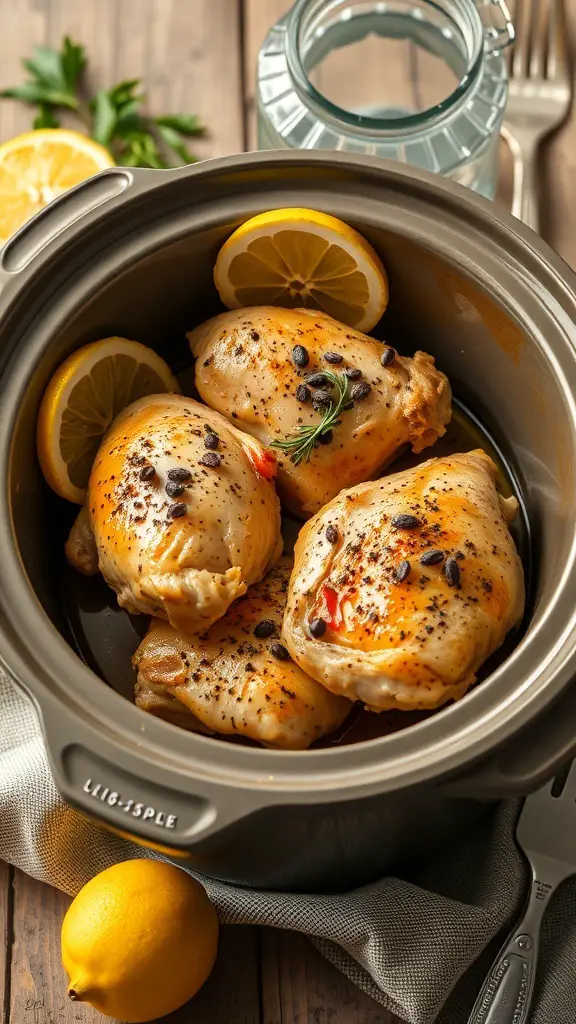 Slow cooker with lemon pepper chicken thighs and lemon slices