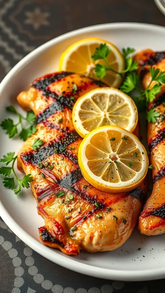 Grilled chicken breasts with lemon slices and herbs on a plate