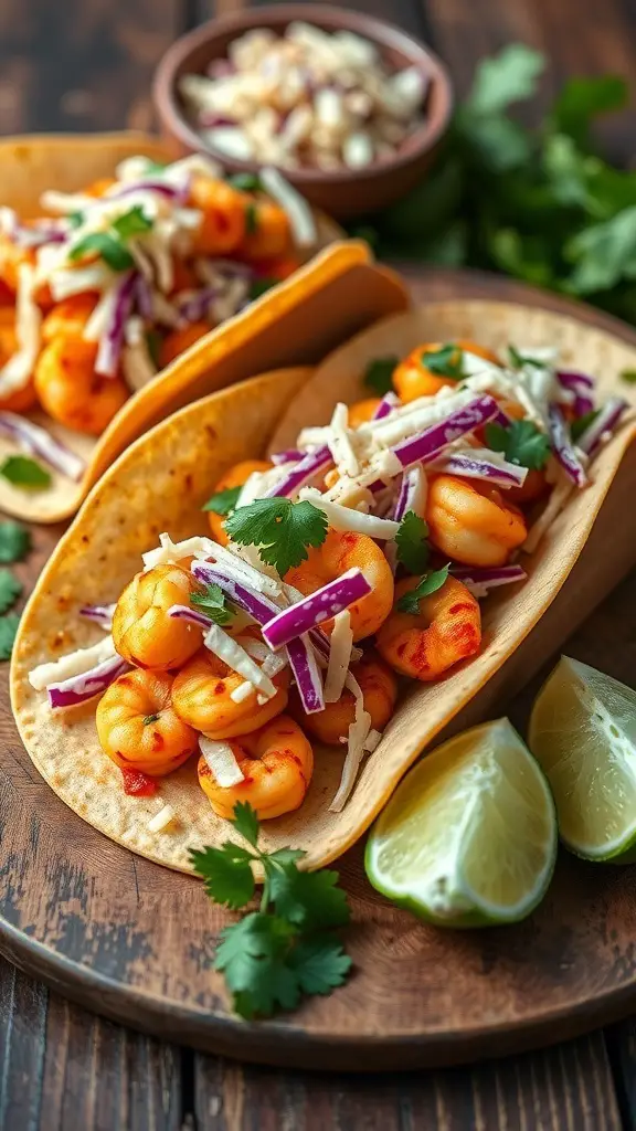 Spicy shrimp tacos with cabbage slaw on a wooden plate, garnished with lime and cilantro.