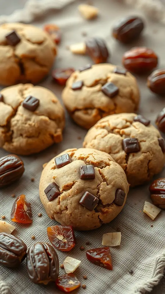 Freshly baked banana date cookies with chocolate chunks and dates scattered around