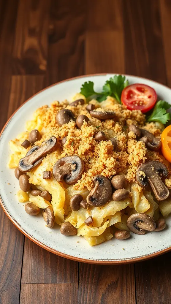 A plate of creamy cabbage and mushroom bake topped with breadcrumbs and garnished with tomatoes and herbs.