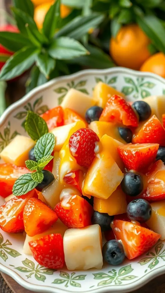 A colorful fruit salad with strawberries, blueberries, and melon, garnished with mint leaves.