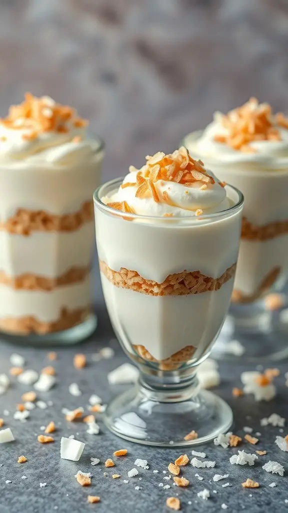 Three coconut cream pie parfaits in clear glasses, layered with cream and cookie crumbs, topped with toasted coconut.