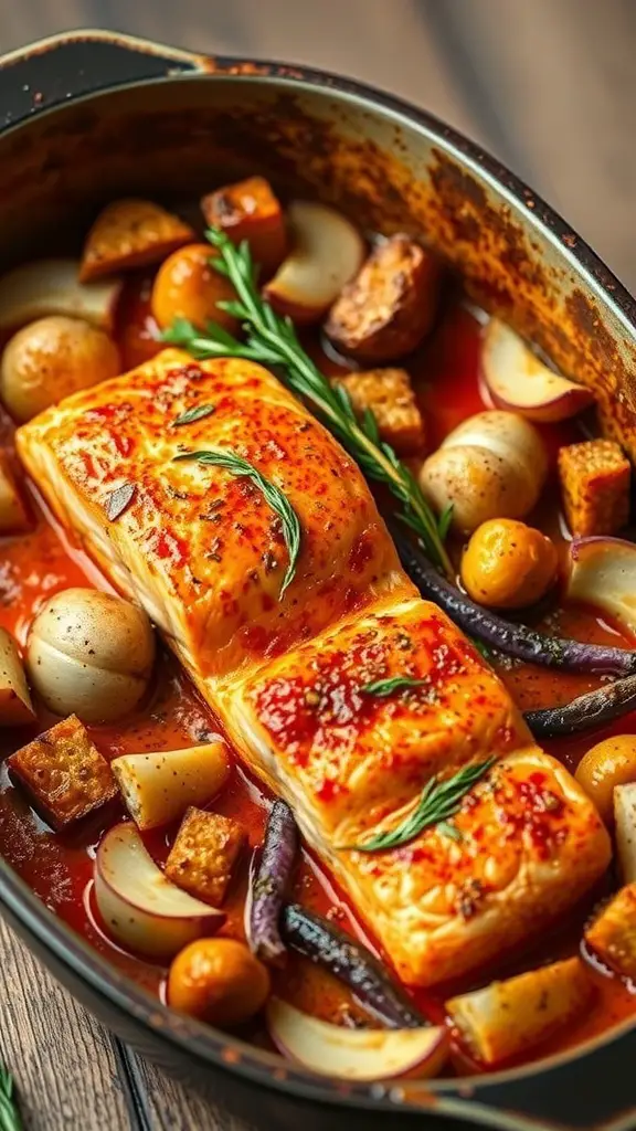 A delicious Spicy Harissa Salmon Bake with salmon fillet and colorful vegetables.