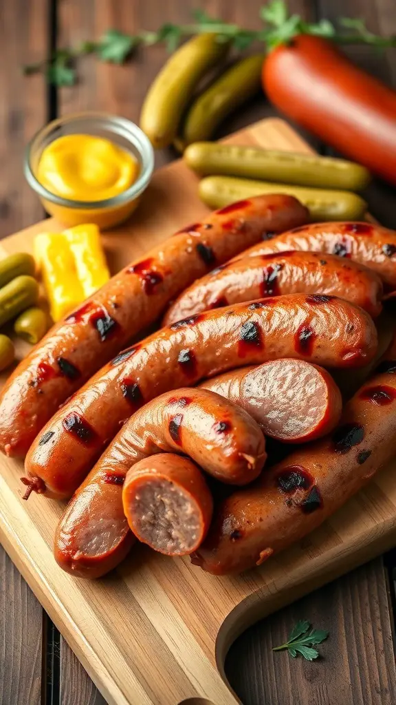 A selection of grilled Polish sausages on a wooden board with mustard and pickles.