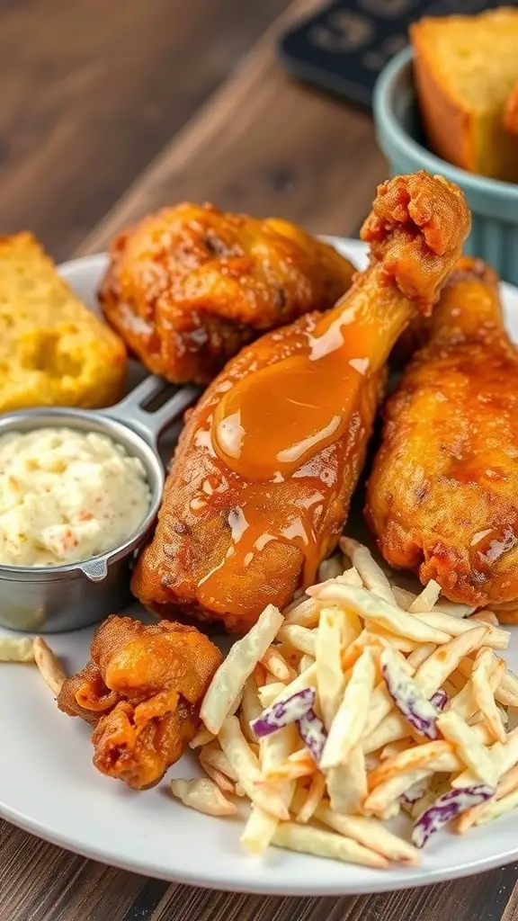Plate of classic fried chicken with honey drizzle, coleslaw, and cornbread.