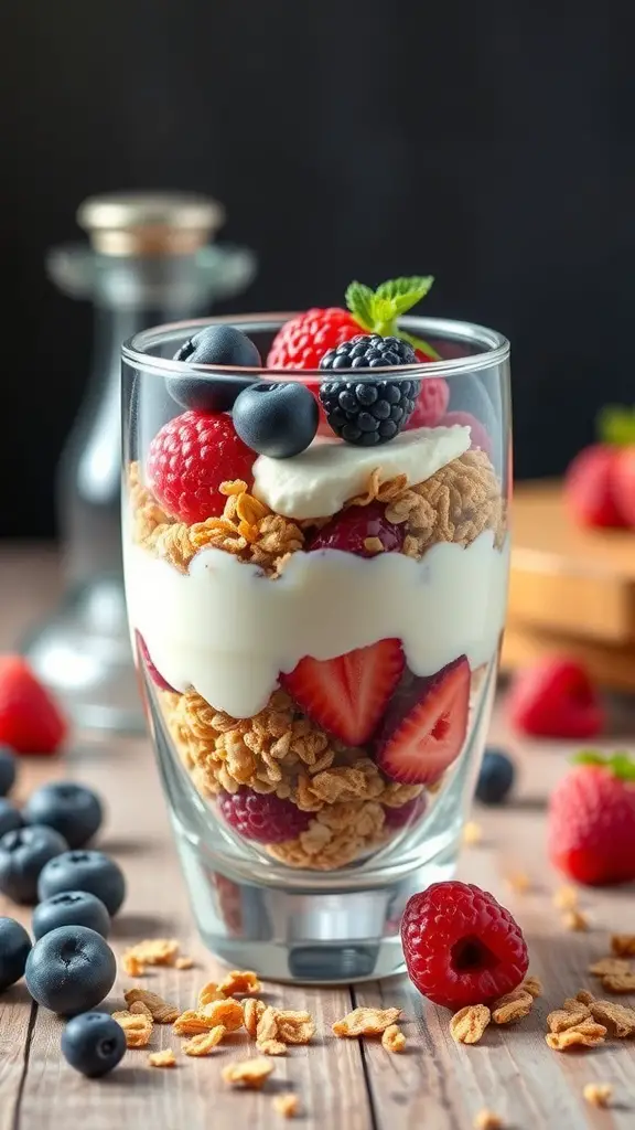 A delicious cottage cheese and berry parfait in a glass, layered with granola, strawberries, blueberries, and raspberries.