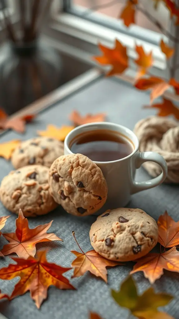 Brown butter cookies with a cup of coffee and autumn leaves