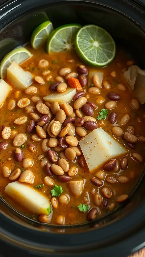 A close-up view of a crockpot filled with cabbage and lentil stew, featuring beans, potatoes, and lime slices.