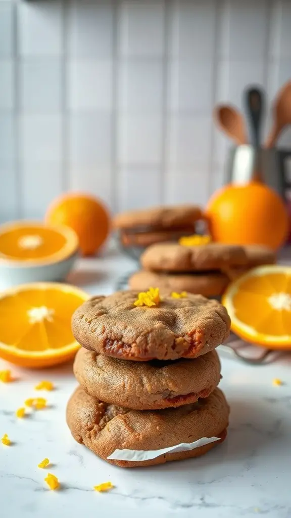A stack of brownie cookies with orange zest, surrounded by fresh oranges.