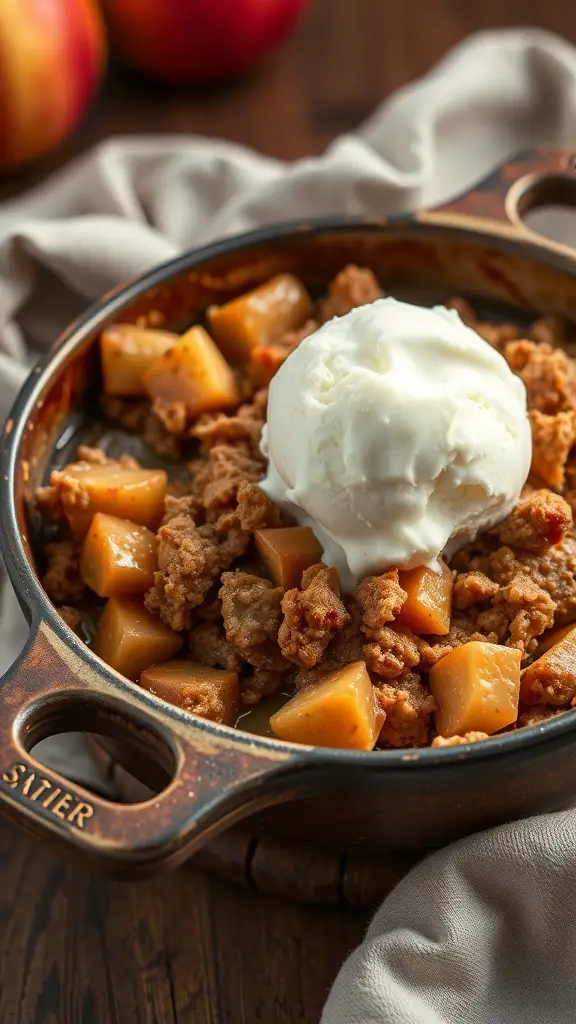 A warm caramel apple crisp topped with a scoop of vanilla ice cream, served in a rustic dish.