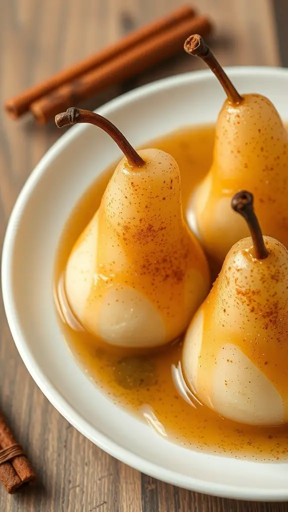 Three poached pears in syrup with cinnamon sticks