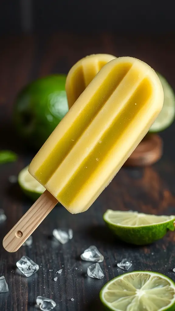 Two avocado lime popsicles on a wooden stick with lime slices and ice around them.