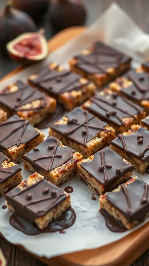 Chocolate dipped fig bars arranged on a wooden platter with fresh figs in the background.