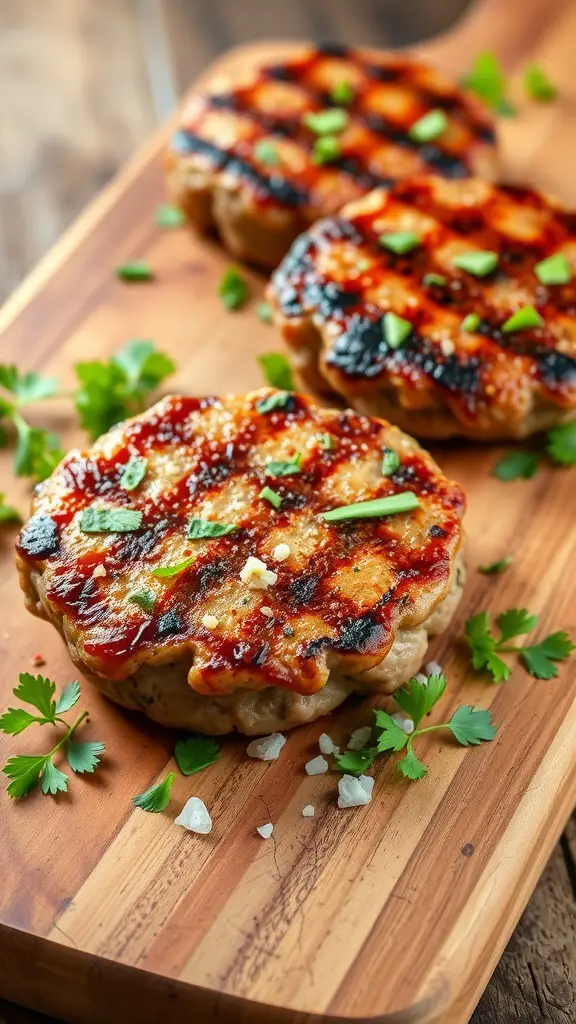 Grilled garlic herb hamburger patties on a wooden board with fresh herbs
