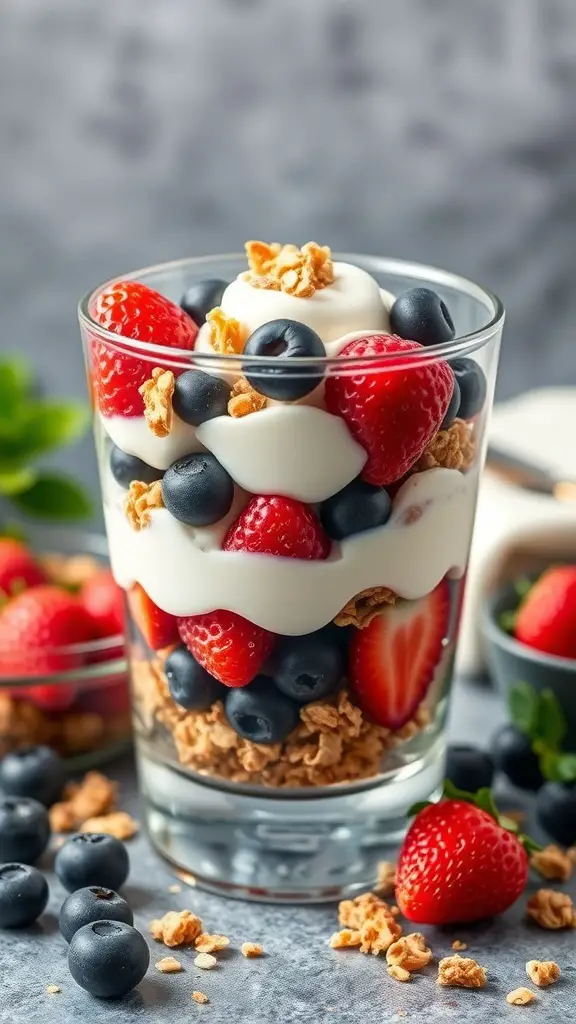 A delicious Greek yogurt parfait with layers of yogurt, fresh strawberries, blueberries, and granola in a glass.