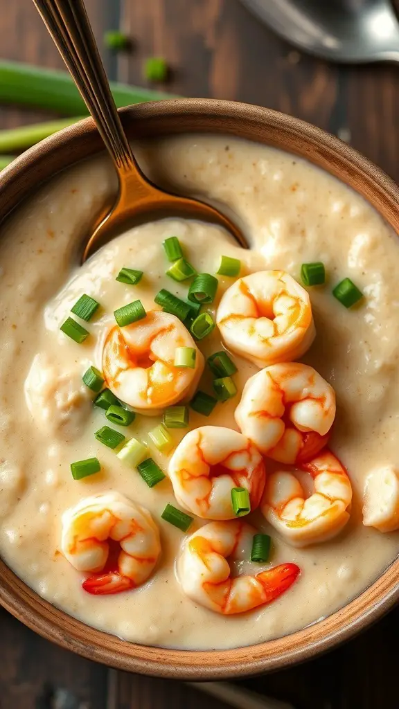 A bowl of creamy shrimp and grits topped with shrimp and green onions.