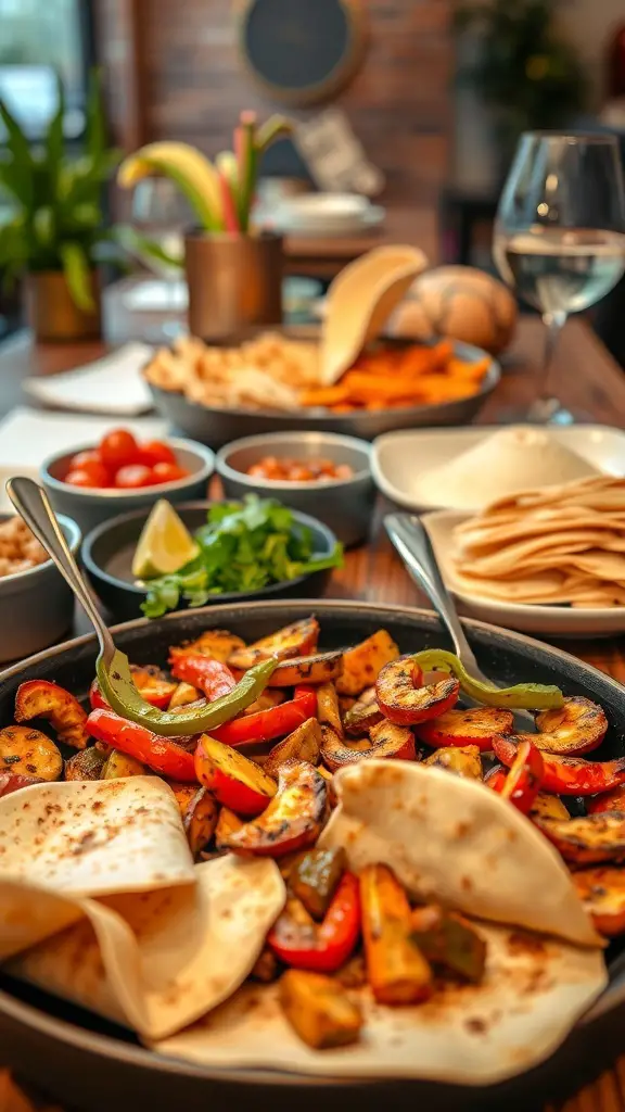 A table set for fajita night with grilled vegetables, tortillas, and various toppings.