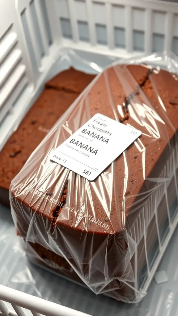 Chocolate banana bread wrapped and stored in a container