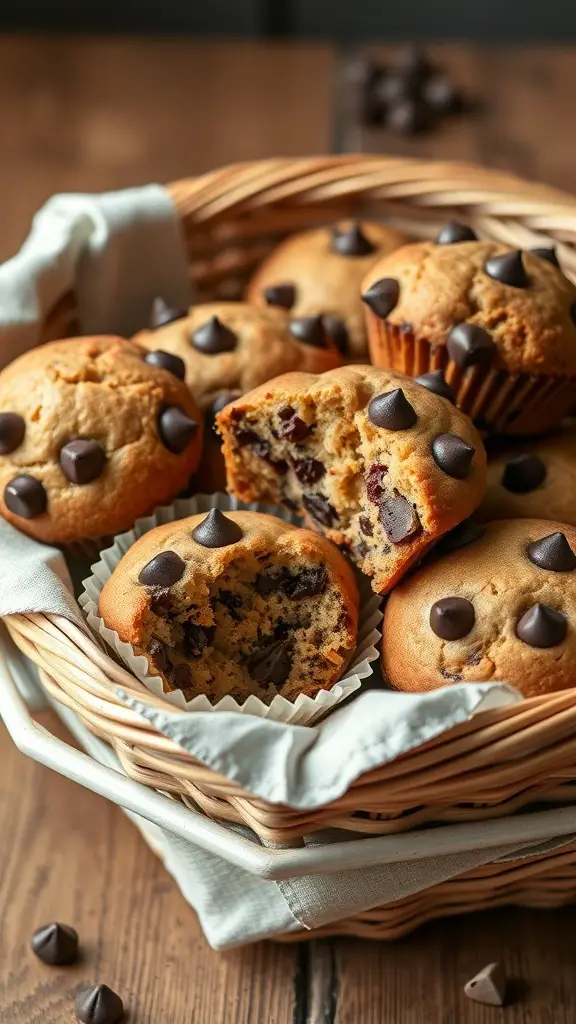 A basket filled with freshly baked sugar-free chocolate chip muffins, some with bites taken out, showcasing their fluffy texture and chocolate chips.