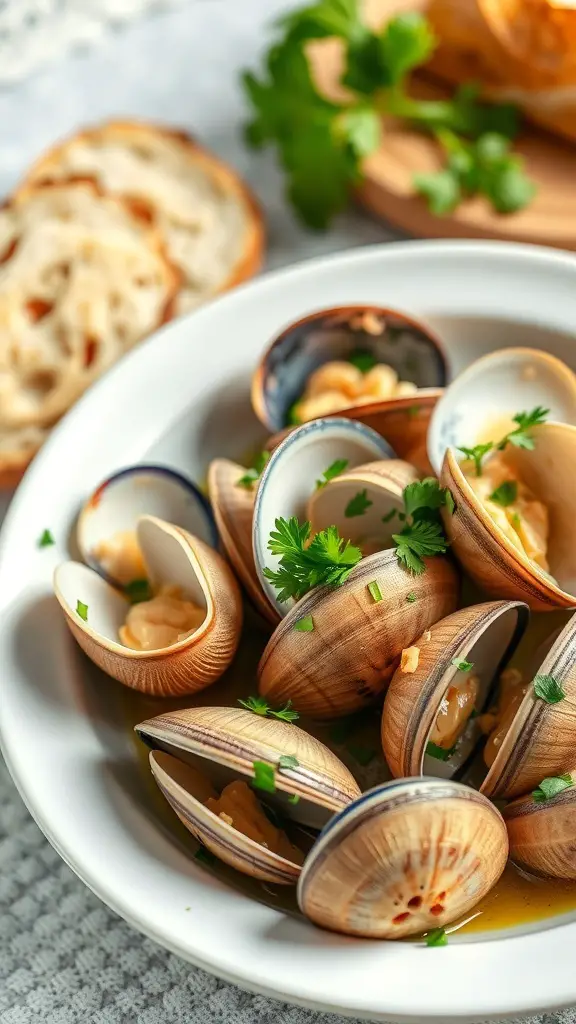 A bowl of garlic butter clams garnished with parsley, served with slices of bread.