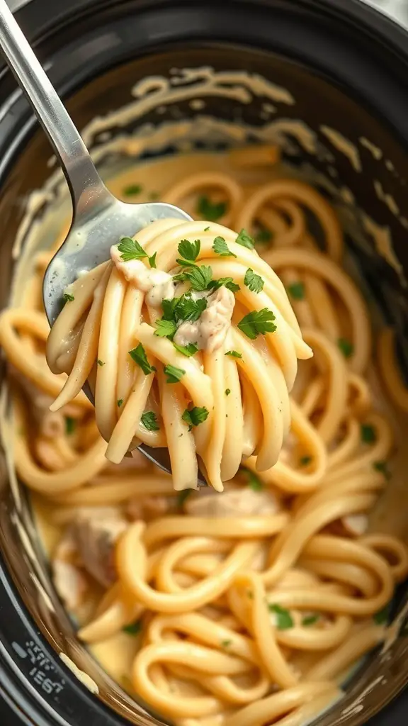 A spoonful of creamy chicken Alfredo pasta with parsley on top, served from a crockpot.