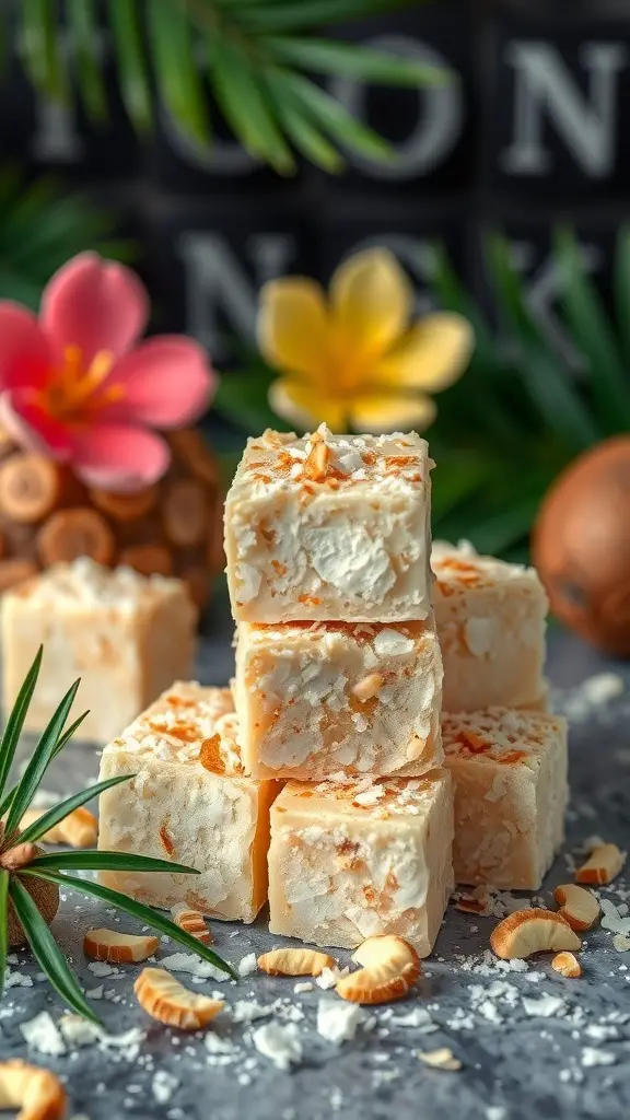 Coconut Macaroon Fudge squares with decorative elements
