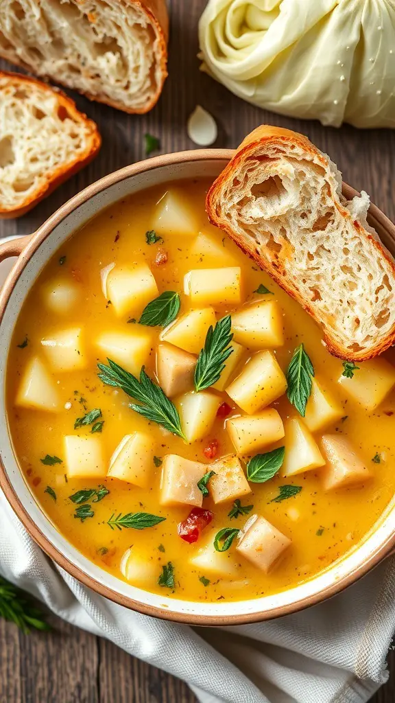 A bowl of cabbage and potato soup with bread on the side