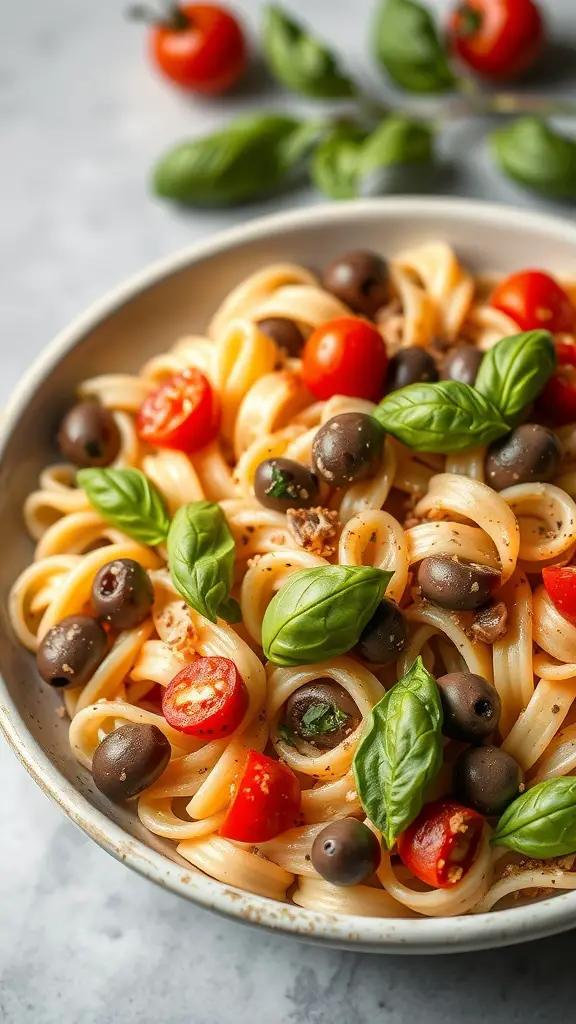 A bowl of Mediterranean pasta salad with cherry tomatoes, olives, and fresh basil.