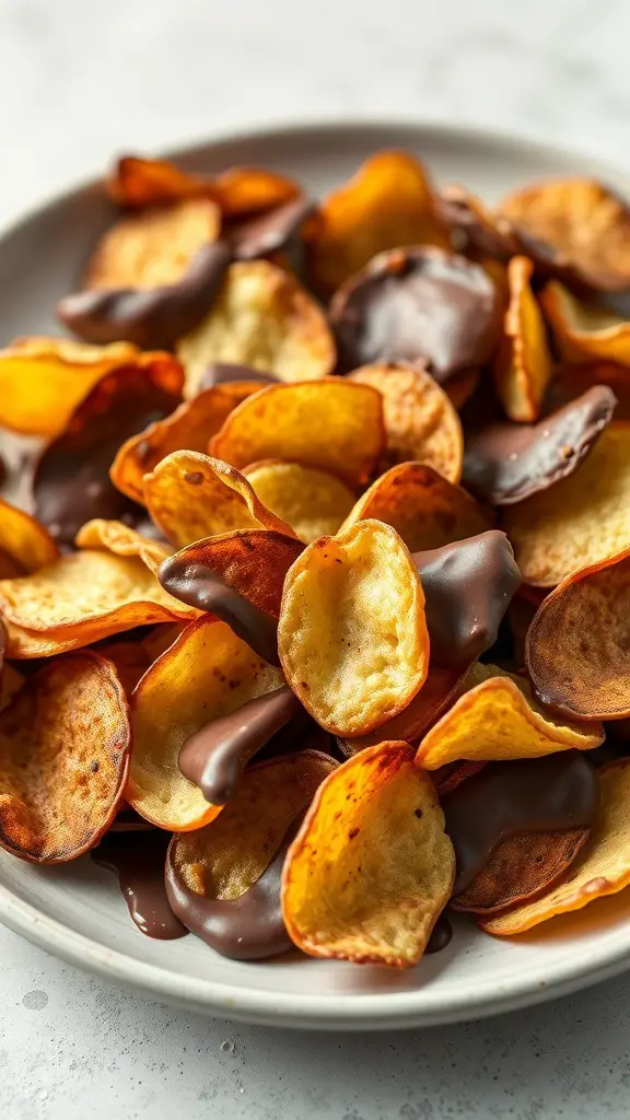A plate of chocolate dipped potato chips, showcasing a mix of crispy chips partially coated in chocolate.
