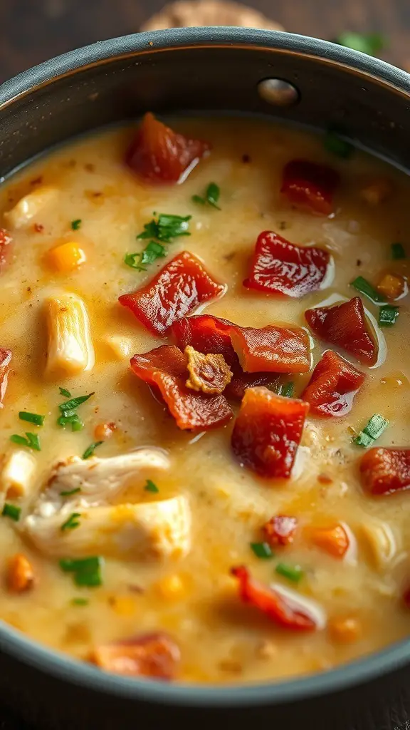 A bowl of creamy chicken and bacon soup with bits of bacon and green herbs on top.