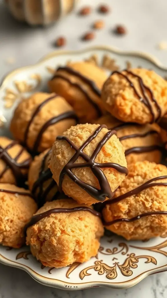A plate of chocolate coconut macaroons drizzled with chocolate.