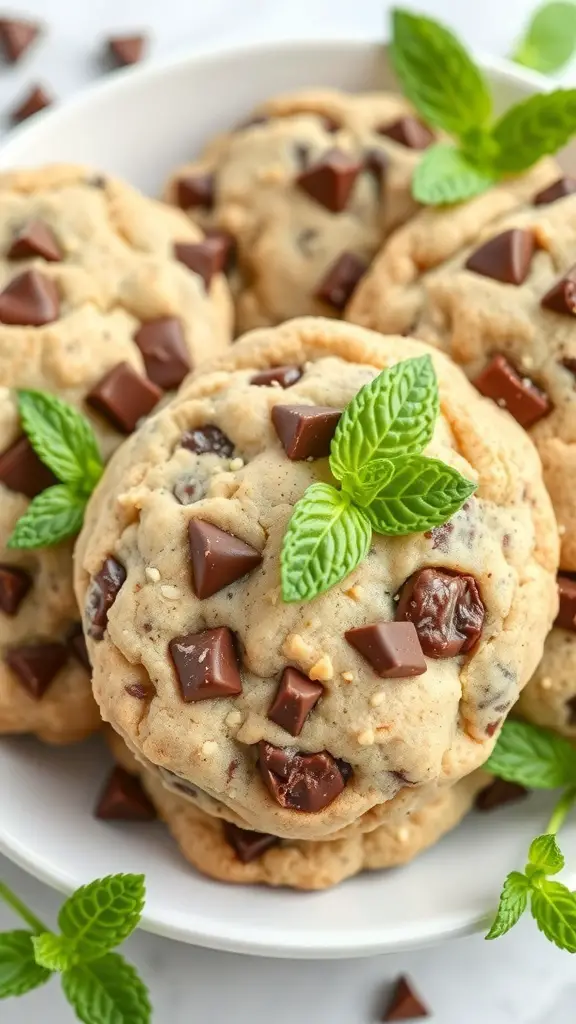 A plate of mint chocolate chunk cookies garnished with fresh mint leaves.