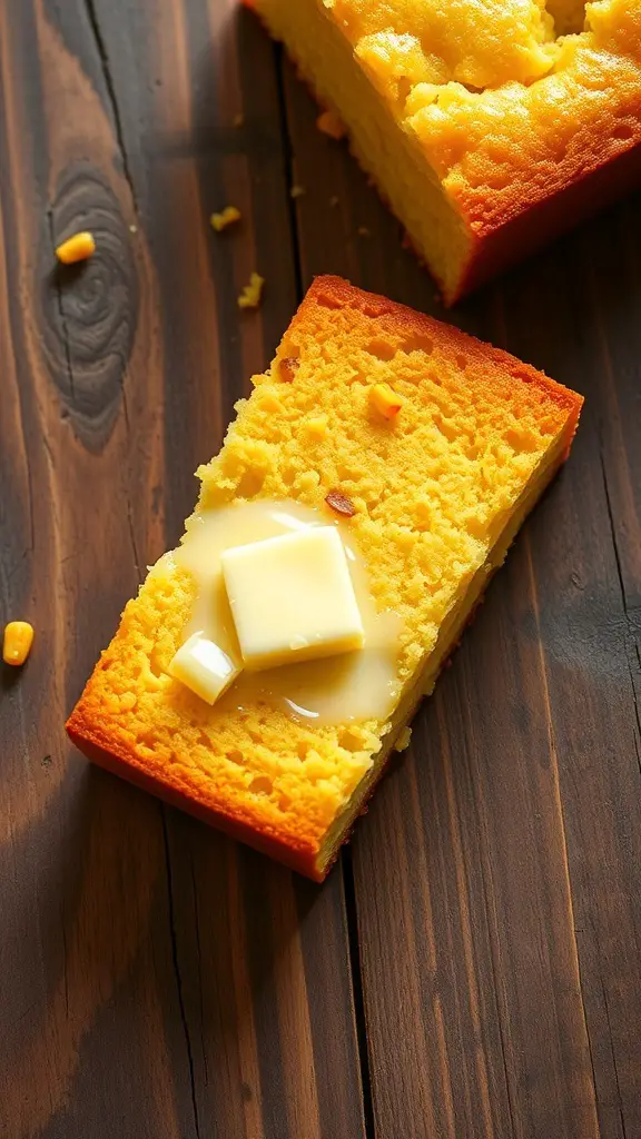 A slice of buttermilk cornbread topped with butter on a wooden surface.