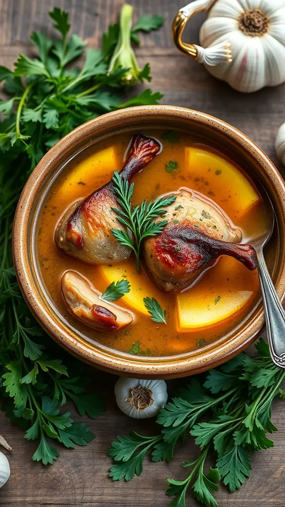 A bowl of herbed duck soup with garlic, featuring duck legs, vegetables, and fresh herbs.