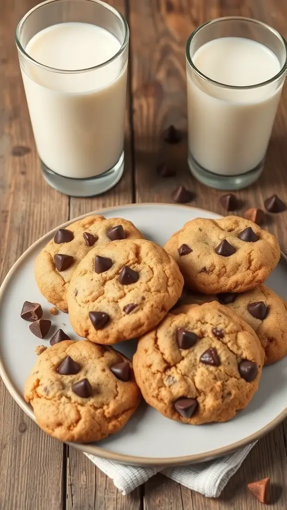 A plate of classic toffee chip cookies with chocolate chips, next to two glasses of milk.