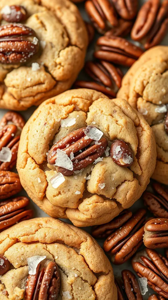 Chewy toffee pecan cookies with pecans and sea salt on top