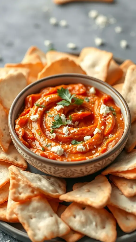 A bowl of roasted red pepper and feta dip surrounded by crispy crackers.