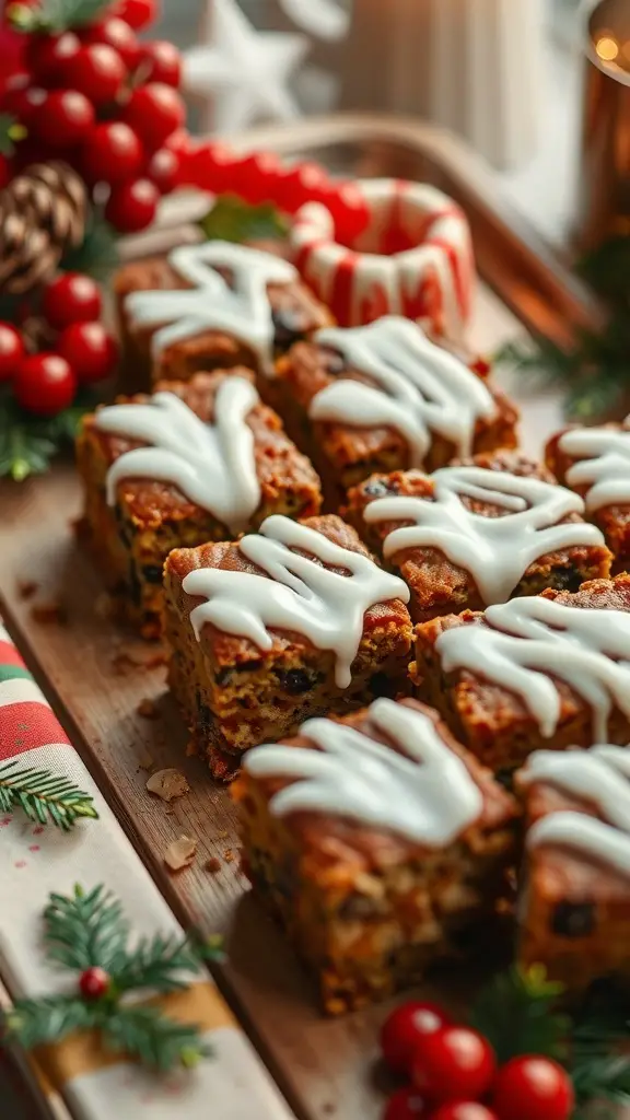 A platter of holiday fruitcake bites decorated with white icing and festive greenery.