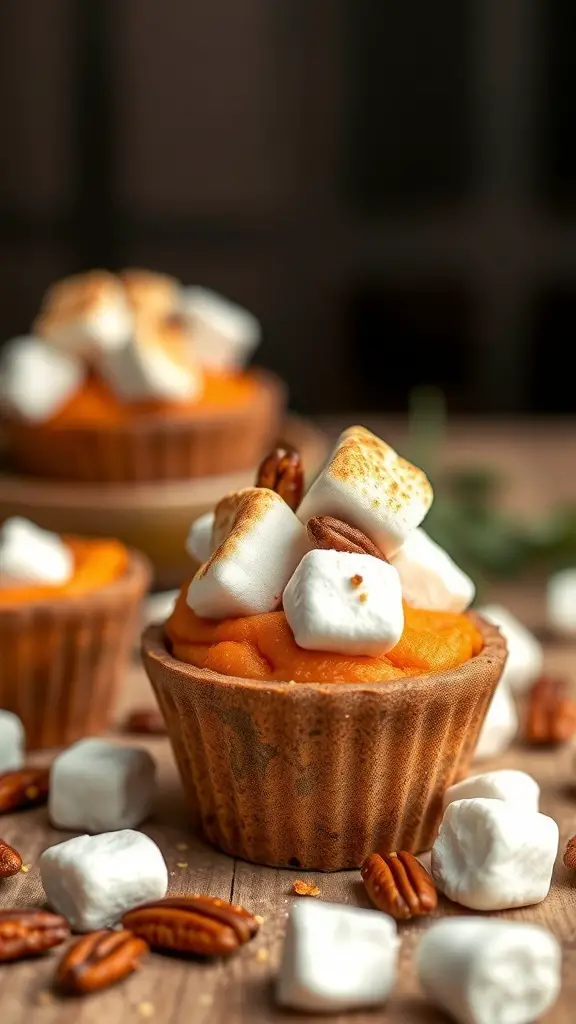Sweet Potato Marshmallow Cups topped with toasted marshmallows and pecans