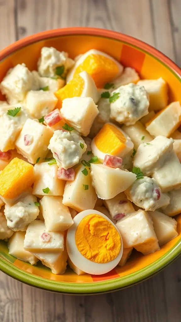A colorful bowl of potato salad with eggs and vegetables