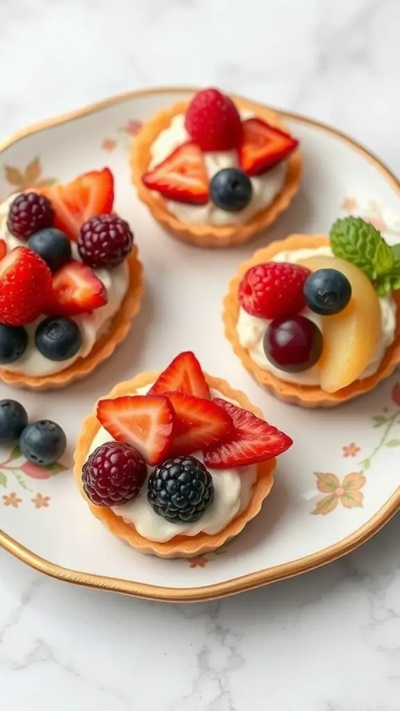 Mini fruit tarts topped with strawberries, blueberries, and raspberries on a decorative plate.