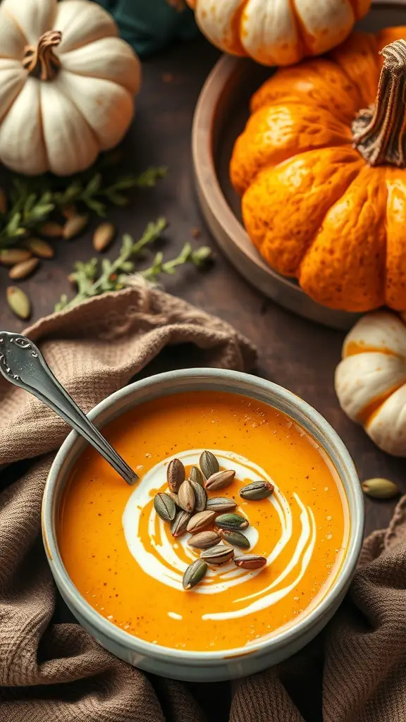 A bowl of pumpkin tofu soup garnished with pumpkin seeds, surrounded by decorative pumpkins and a cozy cloth.