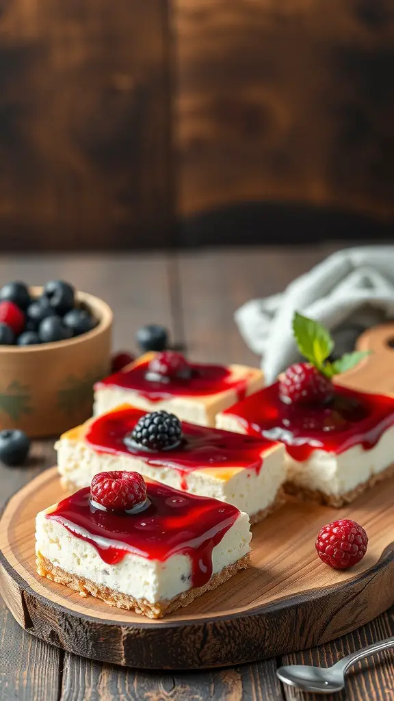 Delicious cottage cheese cheesecake bars topped with jelly and fresh berries on a wooden serving board.